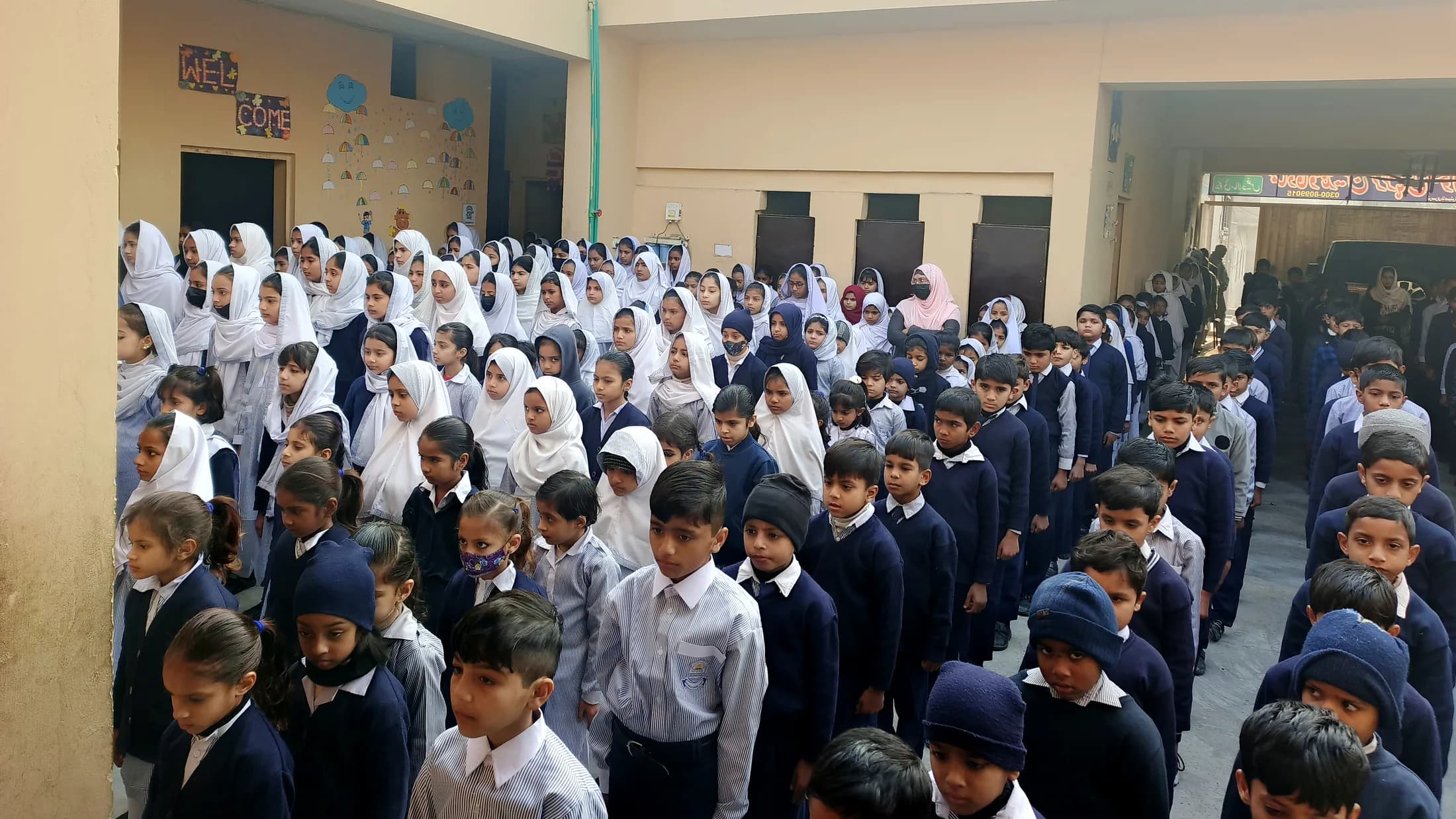 Students assembled in the courtyard